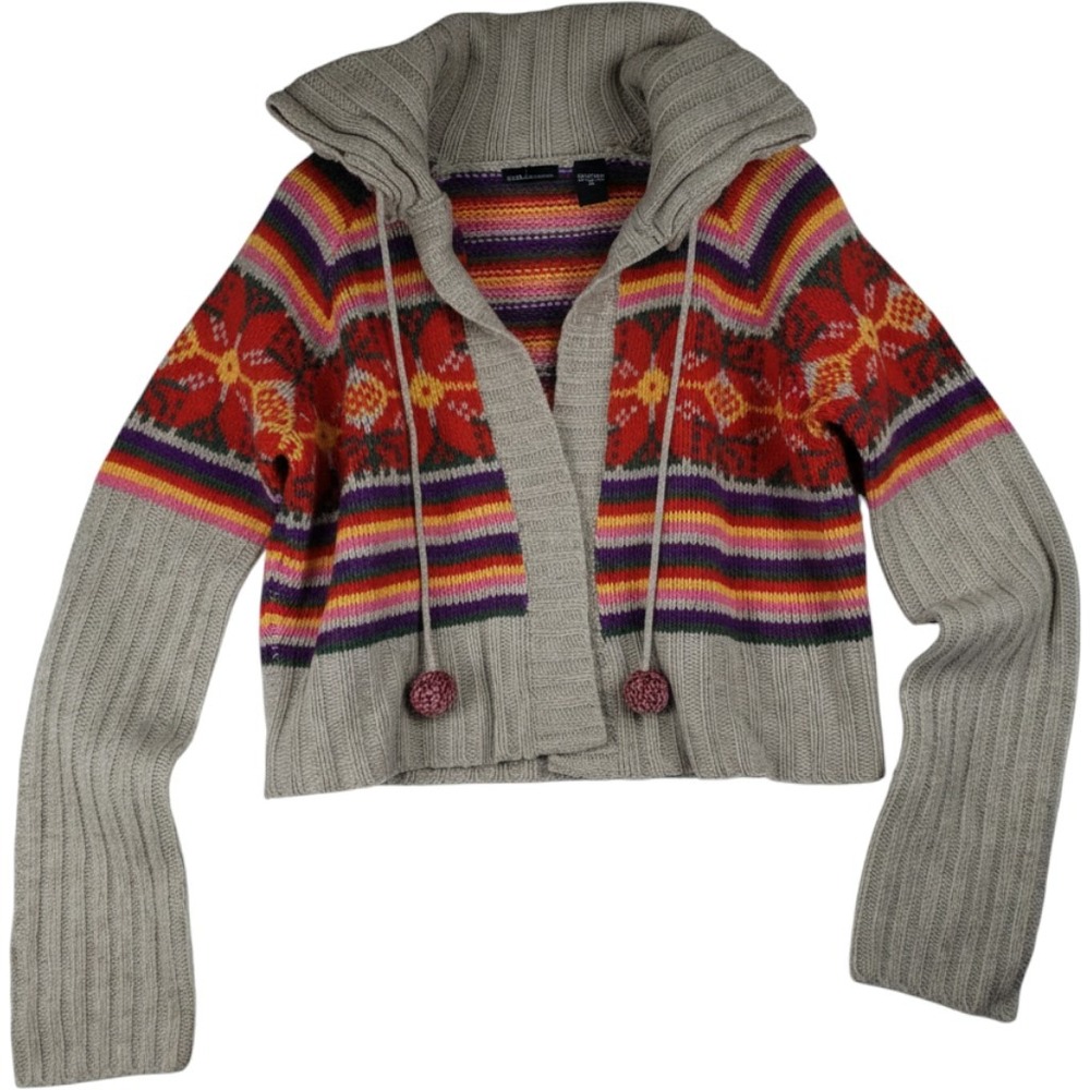 Moda International Lambswool Fair Isle Cropped Cardigan Sweater Grey Multi XL